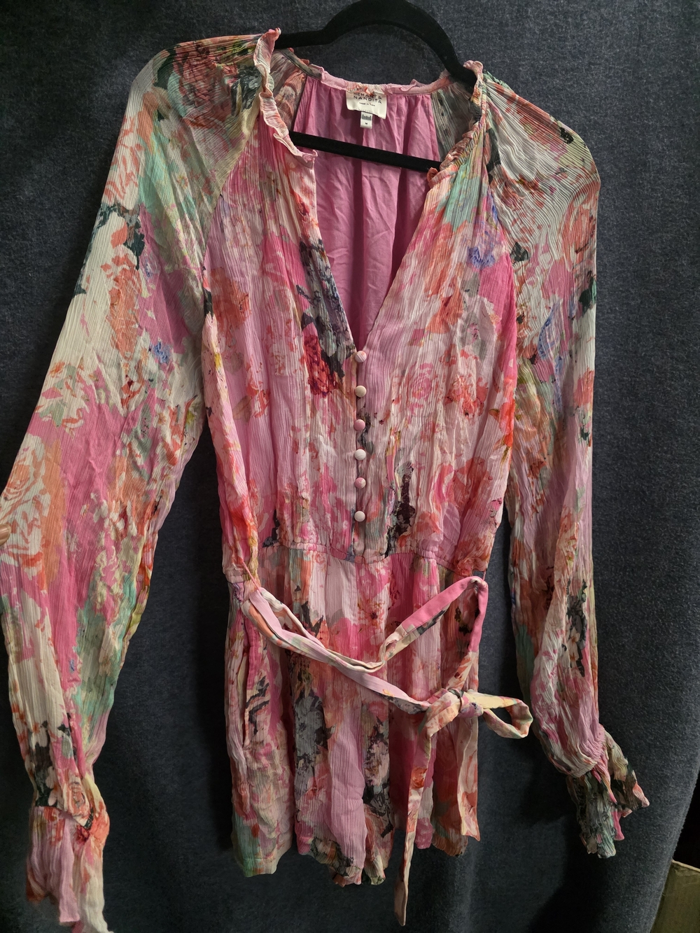 Floral Pink Long-Sleeve Button Front Women's Dress - Picture 3 of 7